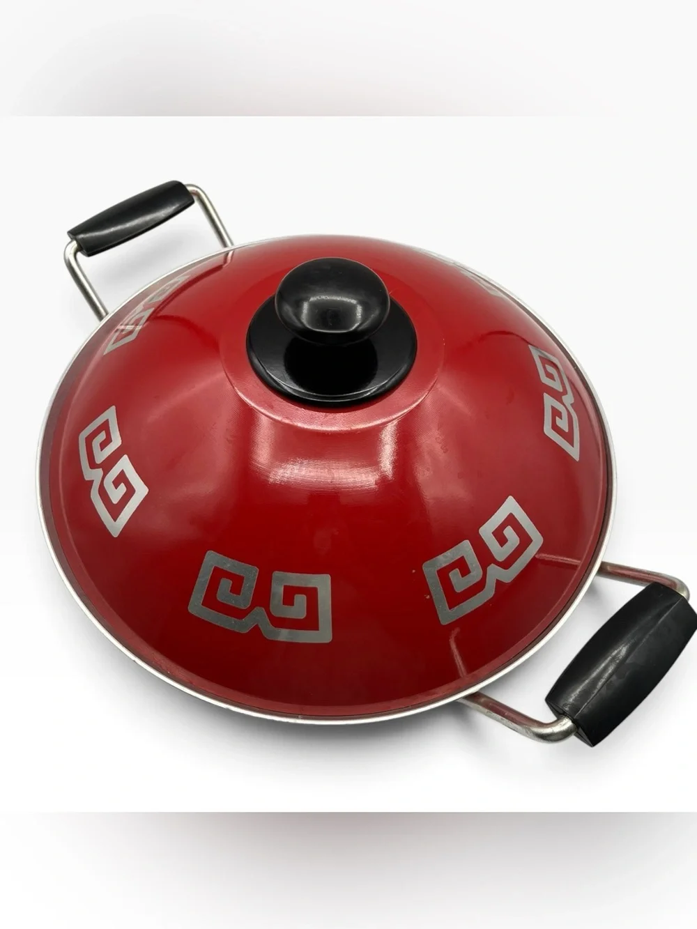Vintage mid century modern Alluminum Wok Red Greek Key Round Bottom Stovetop Pan